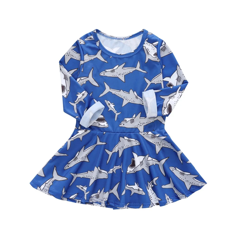 Children Spring Fashion Baby Girls Shark print Long Sleeve Princess Dress Casual Party A-Line | Детская одежда и обувь