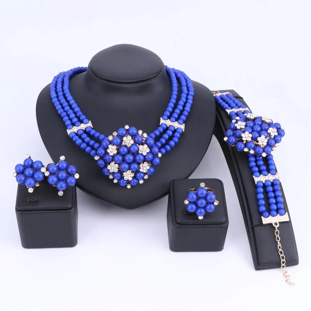 

Women Dubai Gold Color Crystal Jewelry Sets Nigerian Wedding India Costume Bridal Necklace Earring Bracelet Ring