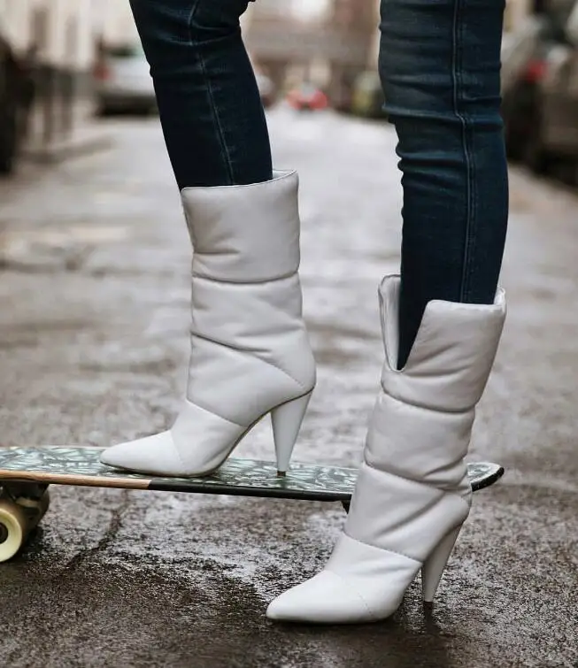Ботинки женские стеганые с острым носком на высоком каблуке без застежки | Обувь