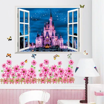 50*70 см дети мультфильм Diy Замок 3D окно вид на стену Наклейка кирпичная стена
