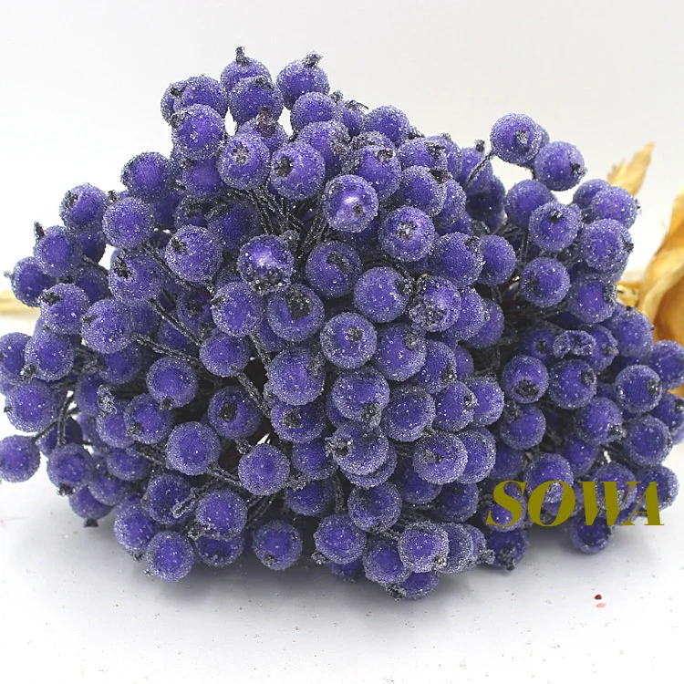 

Free Shipping 100pcs(200heads) 12mm Double Heads Dark Purple High Simulation Glass Pomegranate Strong Stem Glass Fruit Stamen