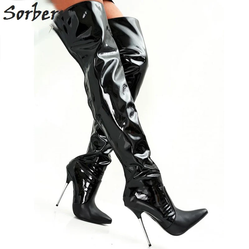 

Sorbern Sexy Fetish Unisex Boots Long Mid Thigh Patent Leather 12Cm Stiletto Over knee Boots BlackThigh High Metal Heel