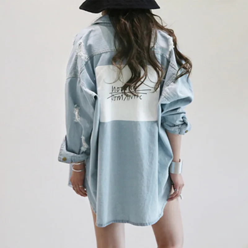 denim blue Повседневная Свободная длинная джинсовая рубашка для женщин весна осень уличная одежда Boyfriend с буквенным принтом Ripeed плюс размер джинсовые топы с длинным рукавом - Цвет: denim blue