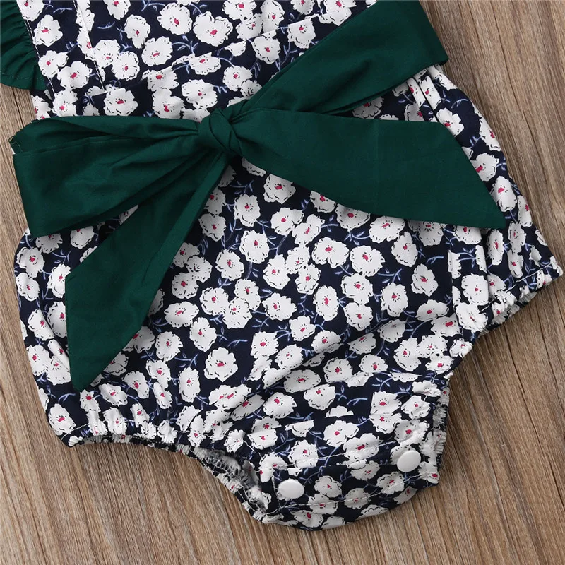 

Kids Baby Girls Clothes Sleeveless Floral Print Bodysuit Jumpsuit One-piece Backless Criss-cross Ruffles Bodysuit Sunsuit 0-24M
