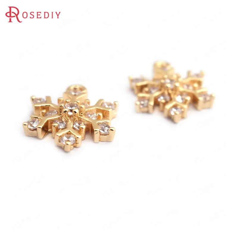 

(35204)6PCS 14x11MM 24K Gold Color White Zircon Brass Snowflake Charms Pendants High Quality Diy Jewelry Findings Accessories