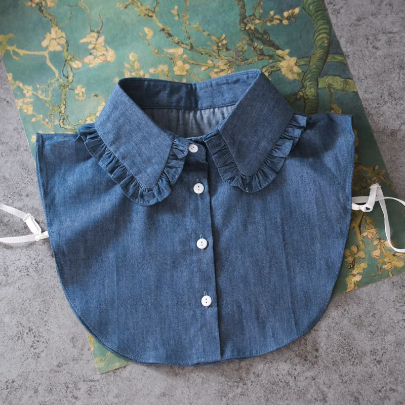

Fashion Cotton washed denim vest blouse Hollow hook flower lace embroidered pearl necklace strips folding Detachable false fake