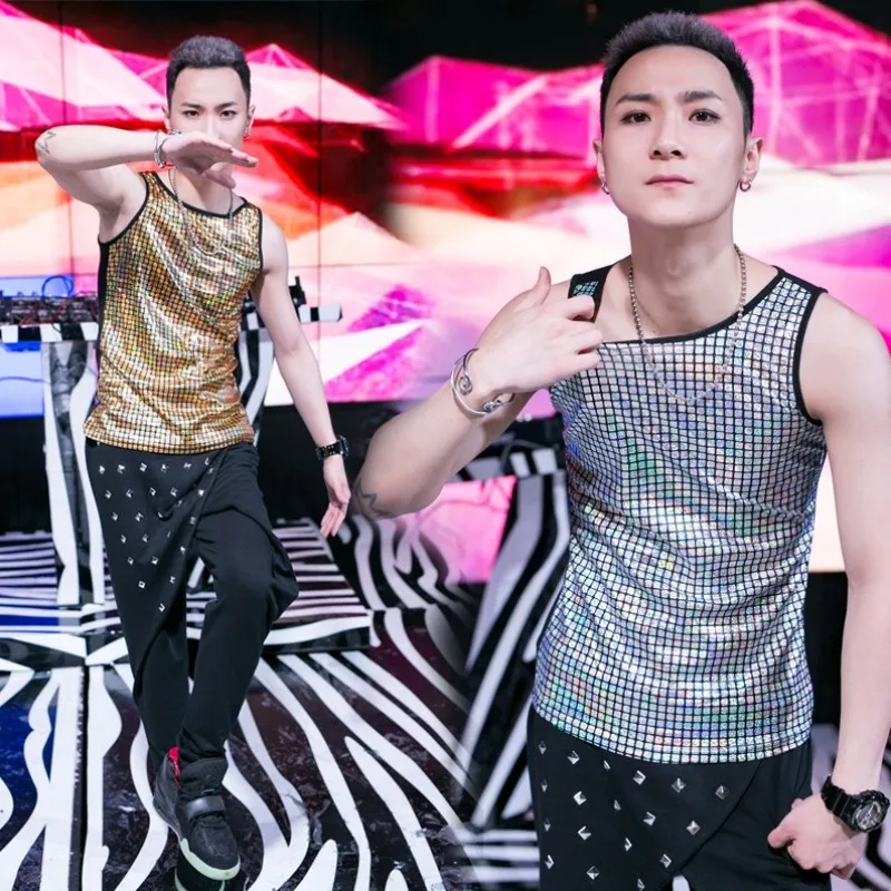 

2020 New Summer Men Tank Top Fashion Plaid Sequins Top Male Street Dance Hip Hop Tops Slim Fit Sleeveless Vest Plus Size L-3XL