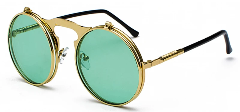 gold with green Peekaboo унисекс Ретро стимпанк Солнцезащитные очки Флип-ап зеленый желтый красный маленький круглый Летний стиль унисекс солнцезащитные очки для мужчин и женщин - Цвет линз: gold with green