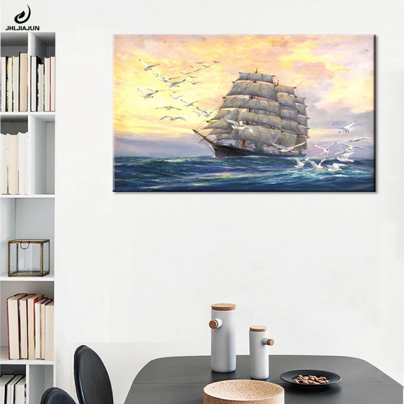 JHLJIAJUN Galleon And Seagull картина маслом на холсте скандинавский HD Настенная и постер для
