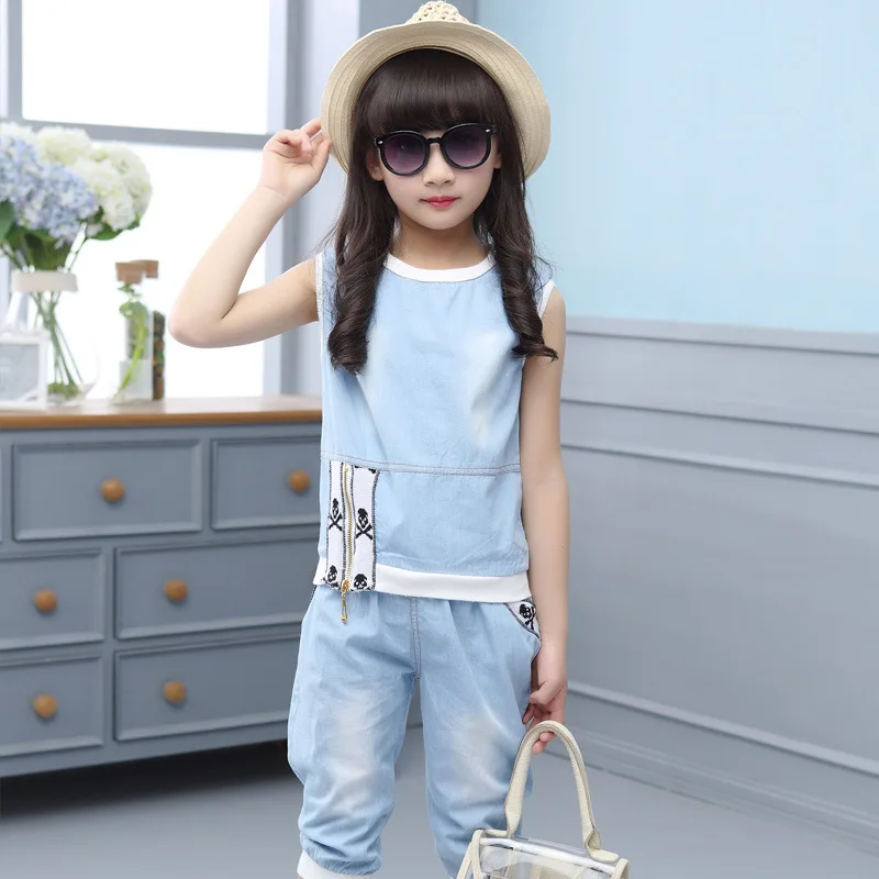 

Костюм джинсовый для девочки, тонкий, летний, 2019