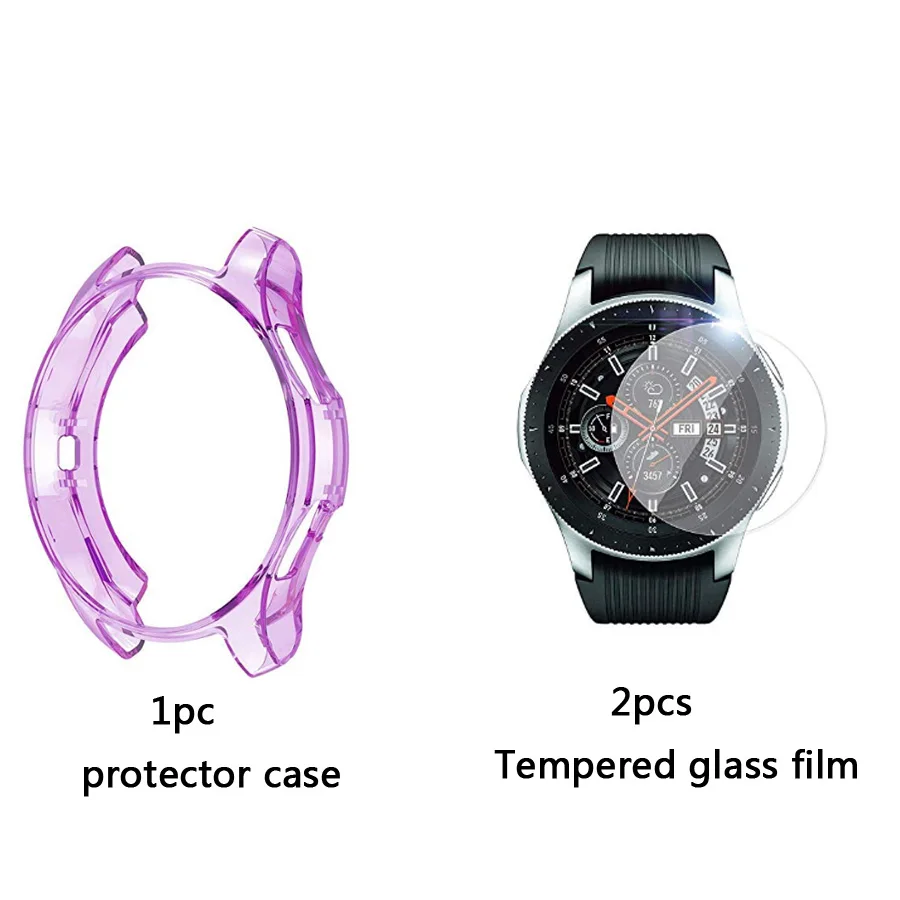 Purple case 4в1 силиконовый ремешок для часов+ защитный чехол+ Закаленное стекло пленка для samsung galaxy Watch 42 46 мм ремешок для часов защитный чехол стеклянная пленка - Цвет: Purple case
