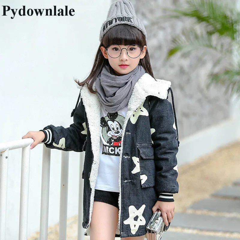 2017 зимний модный длинный Джинсовый плащ для девочек детская хлопковая свободная