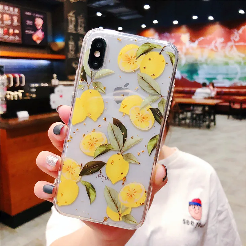 Летний Вишневый чехол с блестками для iPhone 6 6s 7 8 Plus лимонный прозрачный Блестящий