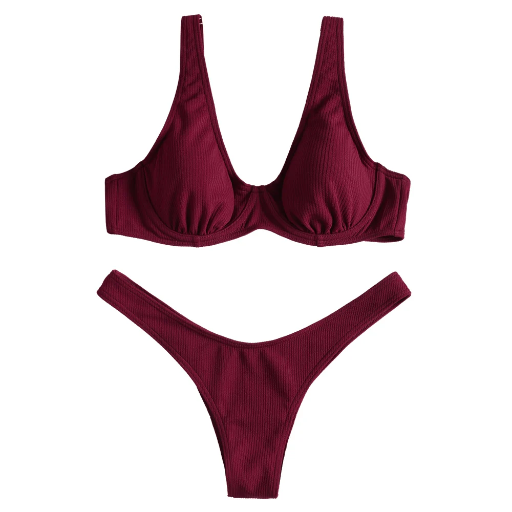 ZAFUL 2019 High Leg Ribbed Texture Thong Bottom Bikini Swimwear Push Up Women Swimsuit Spaghetti Straps Solid Brazilian Biquni |