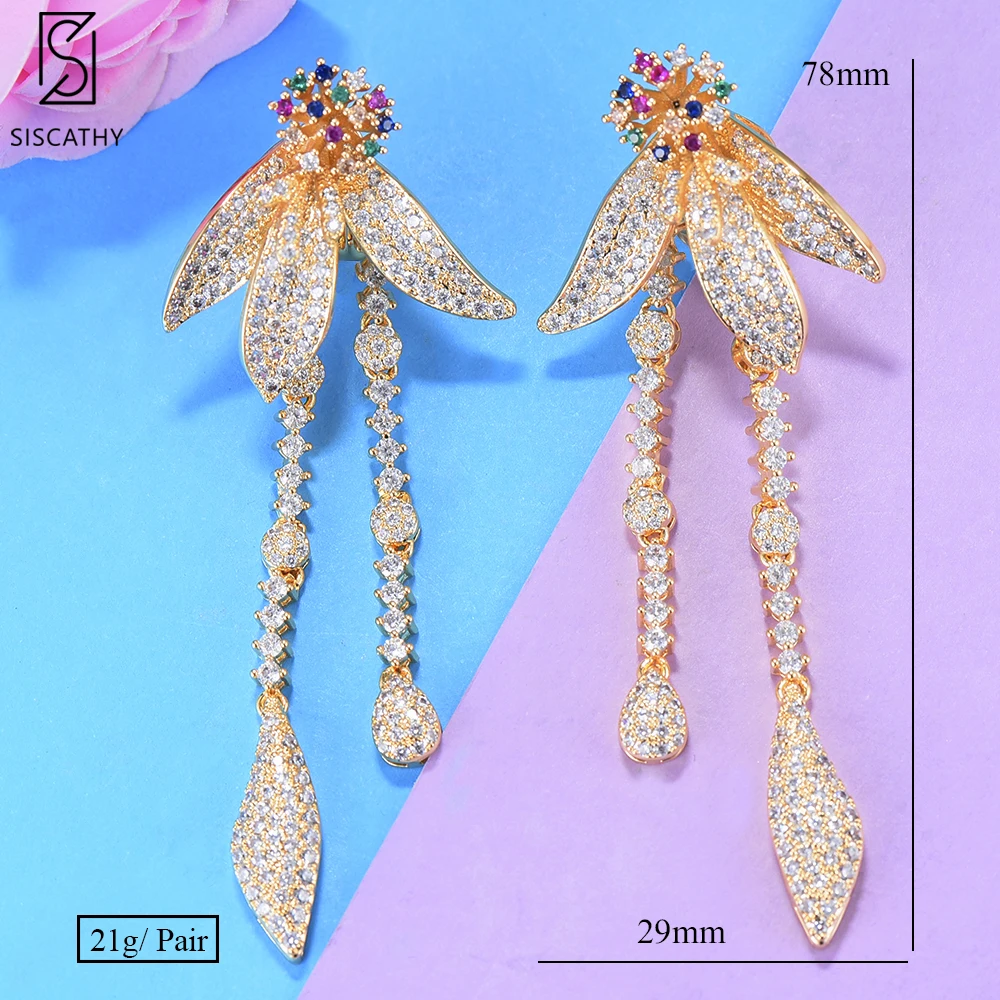 

SISCATHY Trendy Flower Long Dangle Tassel Earring for Women Luxury Wedding Full Micro CZ Cubic Zircon Bohemia Earrings Jewelry