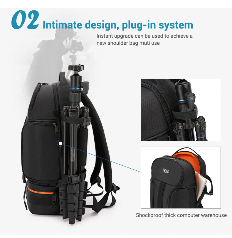 OBAFU DSLR Waterproof Shockproof Shoulders Camera Backpack Tripod Case Reflector Stripe fit Laptop Bag for Canon Nikon Sony