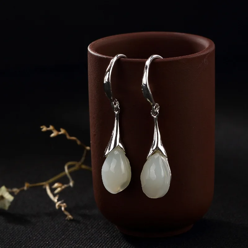 

Silver S925 Pure Silver Hetian Jade Mosaic Jade Orchid Flower Eardrop High Quality Ladies' Earrings Wholesale