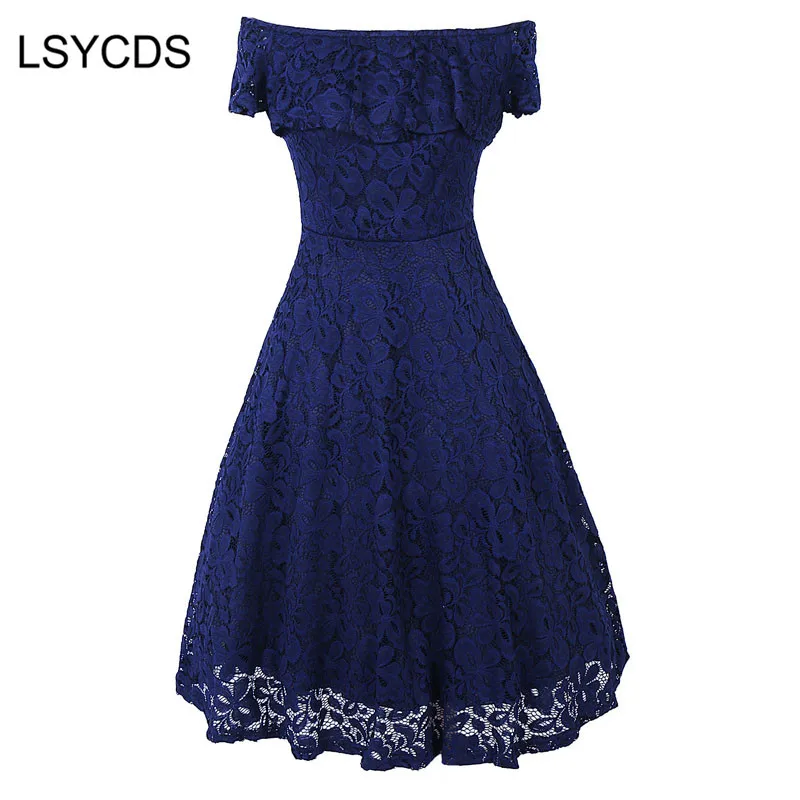 Woman Dresses 2018 Short Sleeve Ruffled Neck Wedding Party Wear Casual A-line Sexy Red Black Blue Lace Dress Plus Size S-3XL |