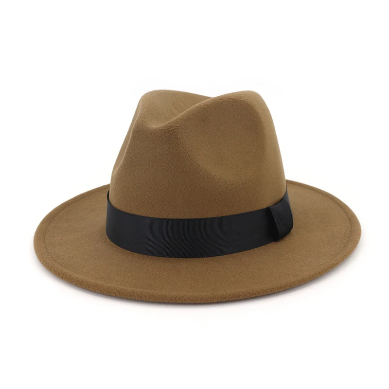 QIUBOSS для мужчин женщин плоские поля Джаз Шерсть фетр Fedora шапки черная лента украшения просто унисекс Панама шляпа игрока Trilby QB54 - Цвет: light coffee