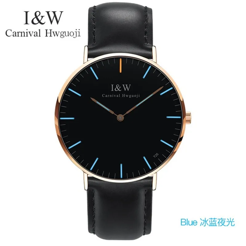 Мужские кварцевые часы Carnival I & W Blue Tritium ультратонкие водонепроницаемые с кожаным