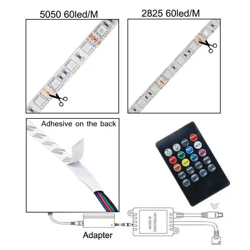 SZYOUMY 12 В RGB Светодиодная лента 2835 SMD Внутренняя/наружная гибкая лента 5 м 60 Светодиодный s/m Светодиодный светильник с ИК-музыкой RGB контроллер+ адаптер