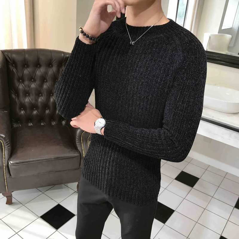 Sweater spring and autumn men's slim half-neck solid color sweater British style casual pullover bottoming | Мужская одежда