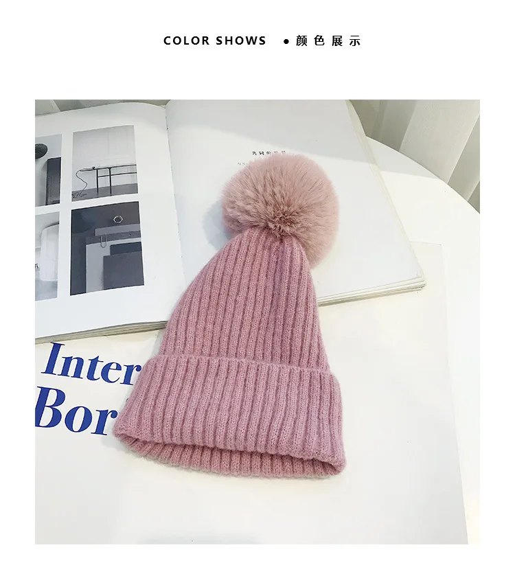 dark pink QIUFANG001 зимние детские скрученные вязаные шапочки с искусственным мехом помпон толстый теплый хлопок Детский головной убор шапки Gorros - Цвет: dark pink