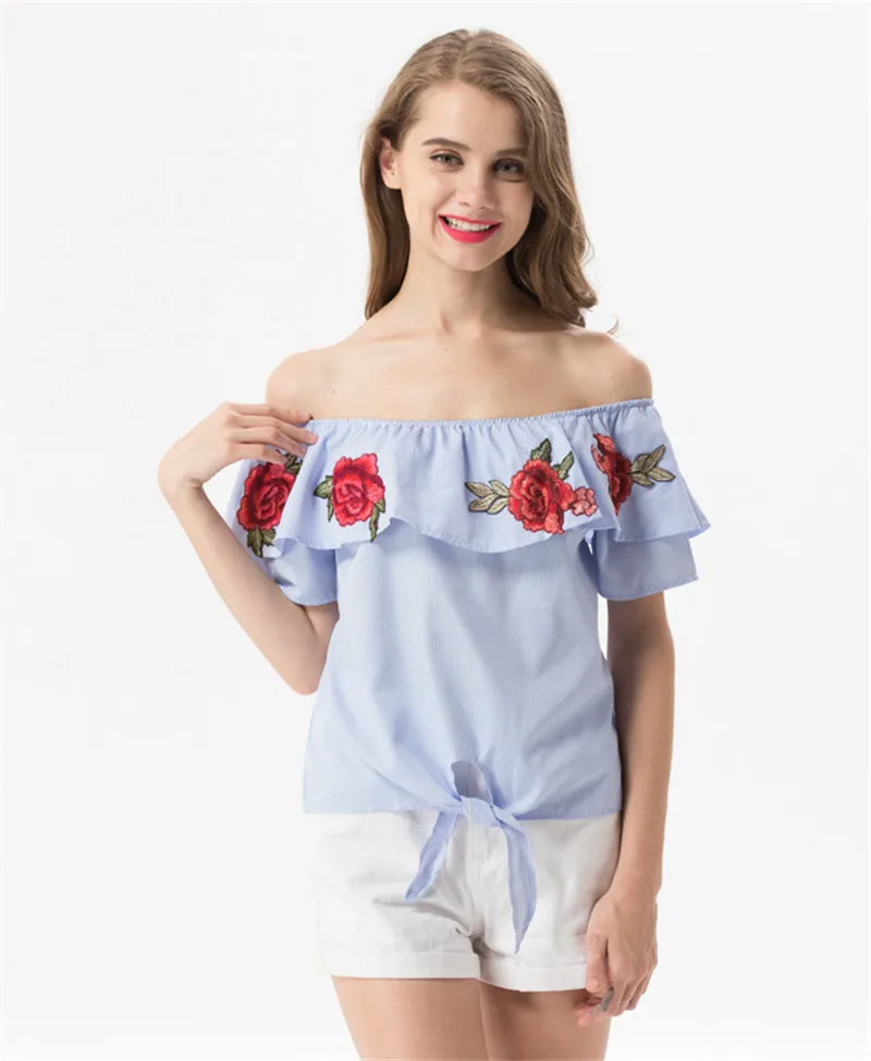 Новый 2017 Повседневное с плеча аппликации полоса женщина Футболки сладкий High Street