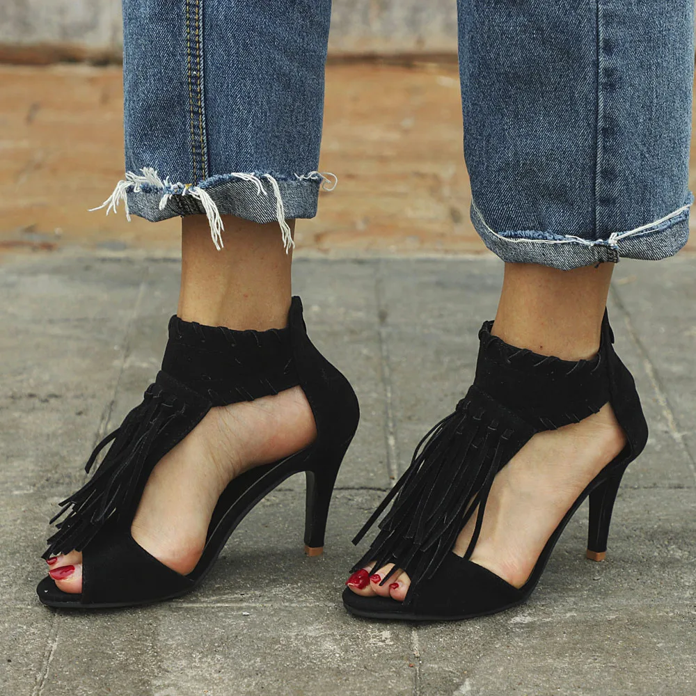 Пикантные ботильоны с открытым носком на высоком каблуке с бахромой и молнией; модные свадебные туфли на высоком каблуке для невесты; женские вечерние туфли-лодочки с ремешком на пятке