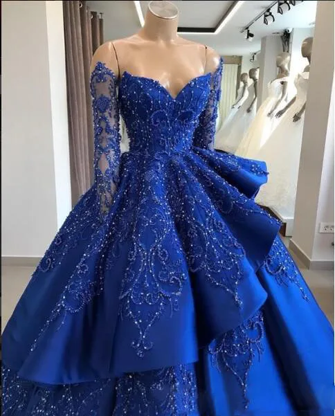 

Muslim Dubai Ball Gown Long Sleeves Royal Blue Evening Dresses Long 2019 Luxury Beaded Sweetheart Chic Long Prom Party Gown