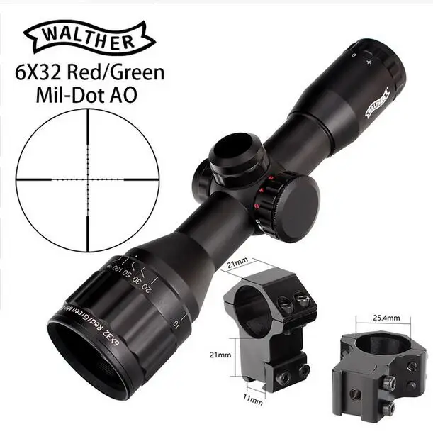 WALTHER 6x32 AO Mini Mil-Dot красный и зеленый цвет с подсветкой сетка охотничий прицел тактический оптический прицел тропа прицел - Цвет: with Dovetail Rings