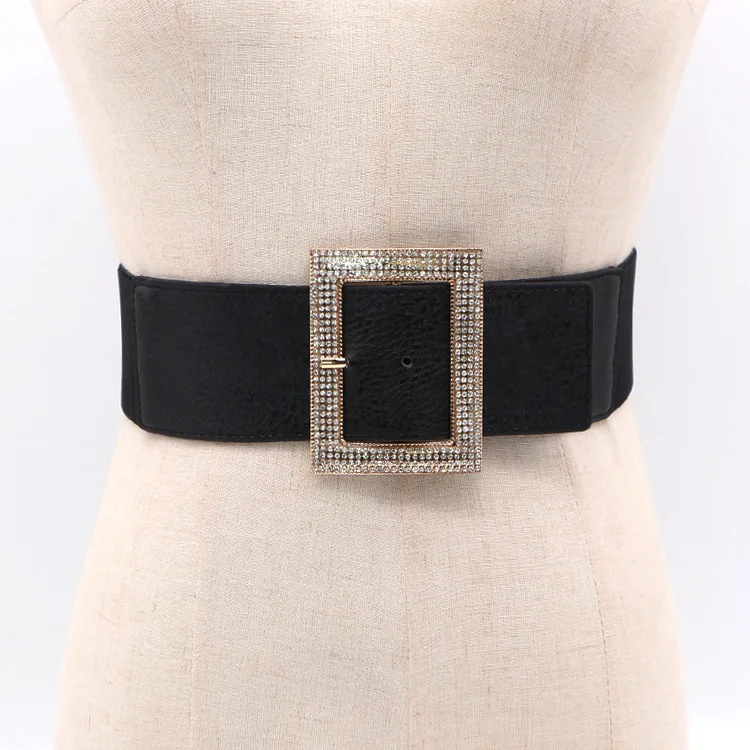 Модный женский пояс с блестящей инкрустированной пряжкой эластичный для платья