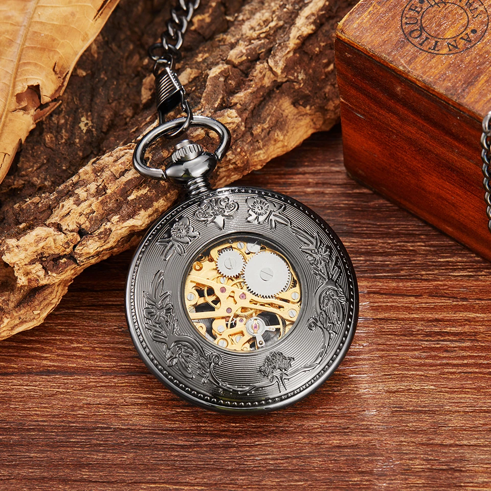 Mechanical Pocket Watch Dragon Play Ball Steampunk Skeleton Hand-wind Flip Clock Fob Watch With Chain For Men Women Collection