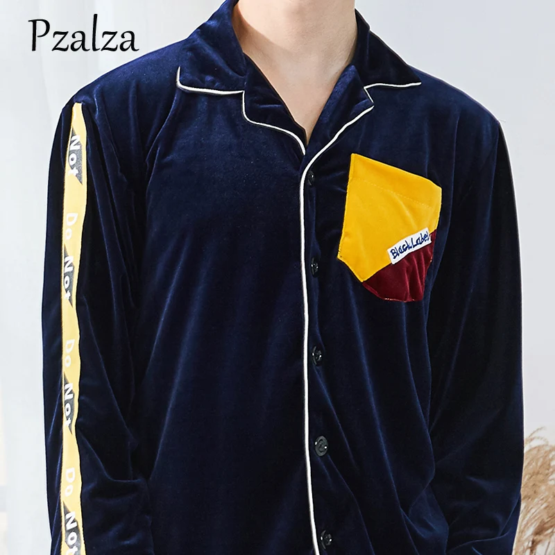 Winter Mens Pyjamas Set Letter Splice Multicolor Pajamas Men Loungewear Velour Warm Pyjamas Men Sleepwear Home Clothing L XL XXL