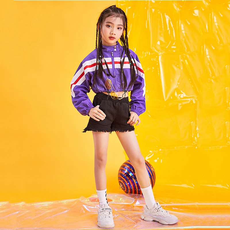 Костюмы в стиле хип-хоп для девочек куртка с длинным рукавом черные шорты детская