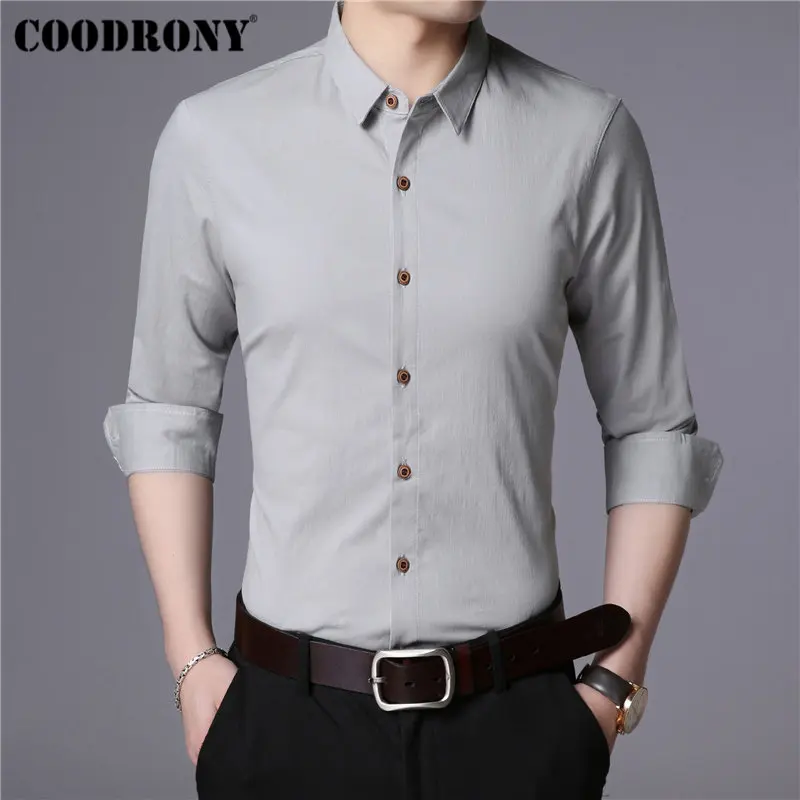 Серый COODRONY, мужская рубашка, осень, Новое поступление, рубашка с длинным рукавом, мужская, чистый цвет, Бизнес Стиль, повседневные рубашки, мягкий хлопок, Camisa Masculina 96022 - Цвет: Серый