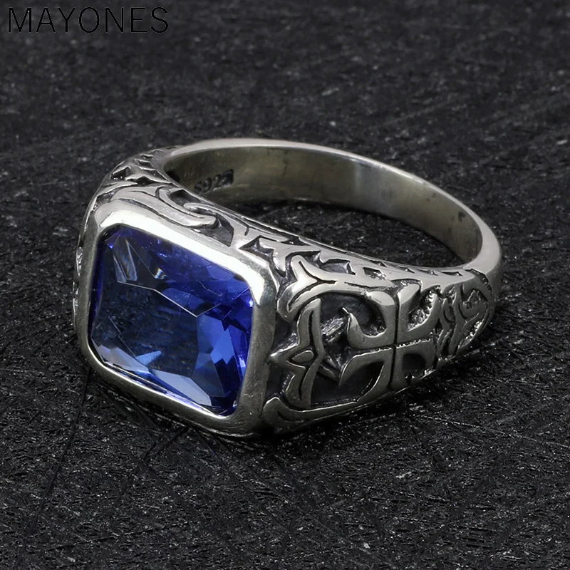 

100% Real 925 Sterling Silver Rings For Men Blue Natural Crystal Stone Mens Ring Vintage Hollow Engraved Flower Fine Jewelry