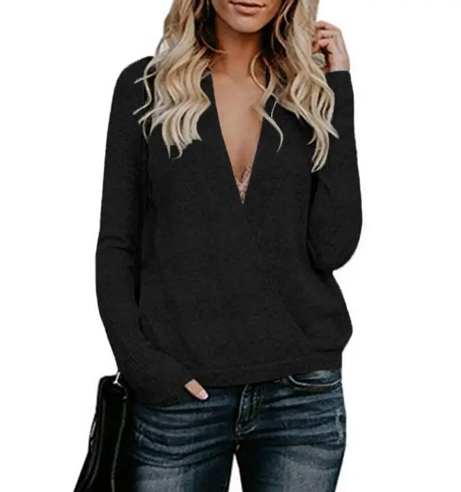 2018 Europe and America Autumn Winter new sweater women's V-neck rabbit velvet stitching crossover sweate | Женская одежда