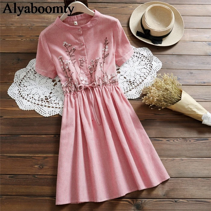 2019 японский Мори девушка летнее женское платье с вышивкой розовая полоса цепочка