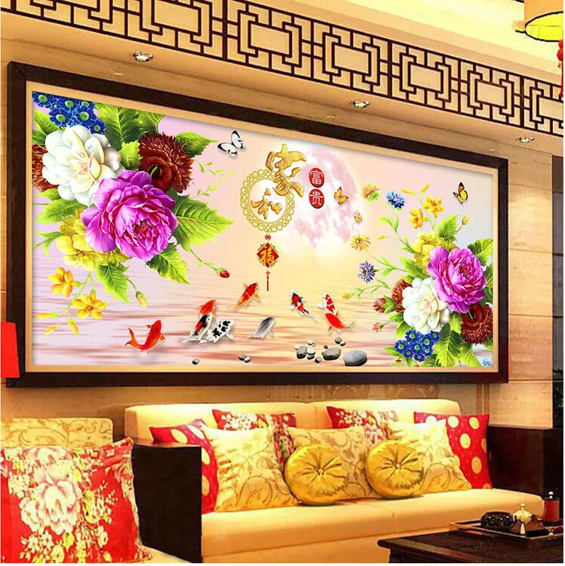 DIY Алмазная вышивка Круглый Алмаз пион семья и богатые девять рыб Полный Стразы 5D