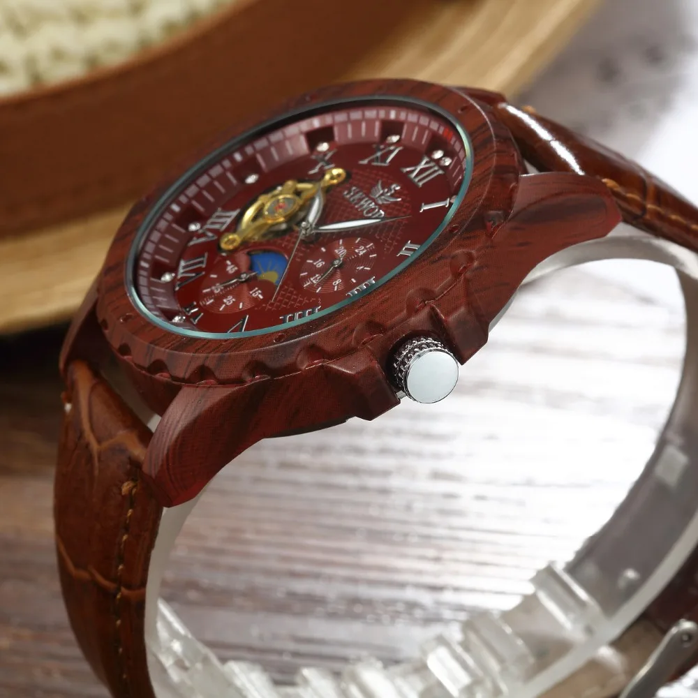 SEWOR механические Автоматические Мужские часы с кожаным скелетом модные