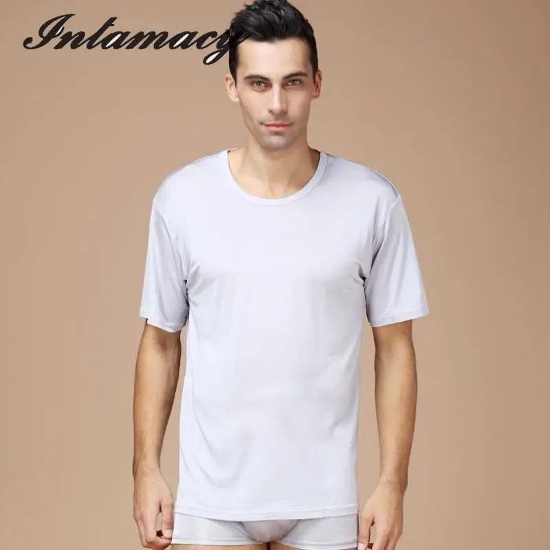 Мужская 100% натуральная шелковая вязка футболка Летняя мужская рубашка большого