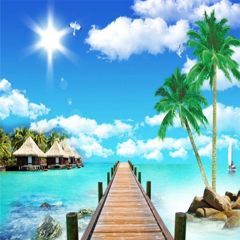 

beibehang Custom Photo Wallpaper Mural Wall Sticky Maldives Seaside Wooden Bridge Coconut Tree Background Wall papel de parede