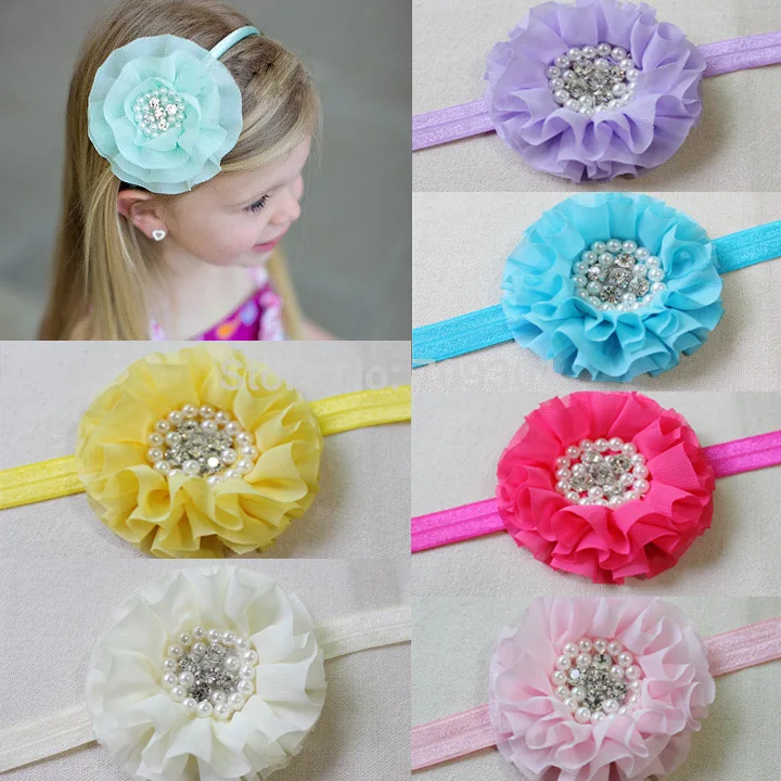 

50Pcs/Lot,3.5" Chiffon Flower Nylon Baby Headband,Floral Hairbands For Girls,Rhinestone Nylon Hairtie,Children Hair Accessories