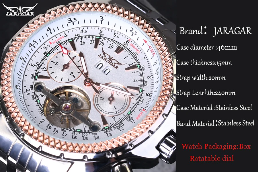 

Men Watch Top Brand Luxury JARAGAR Fashion Big Dial Full Stainless Steel Band Automatic Mechanical Tourbillon Watch Men