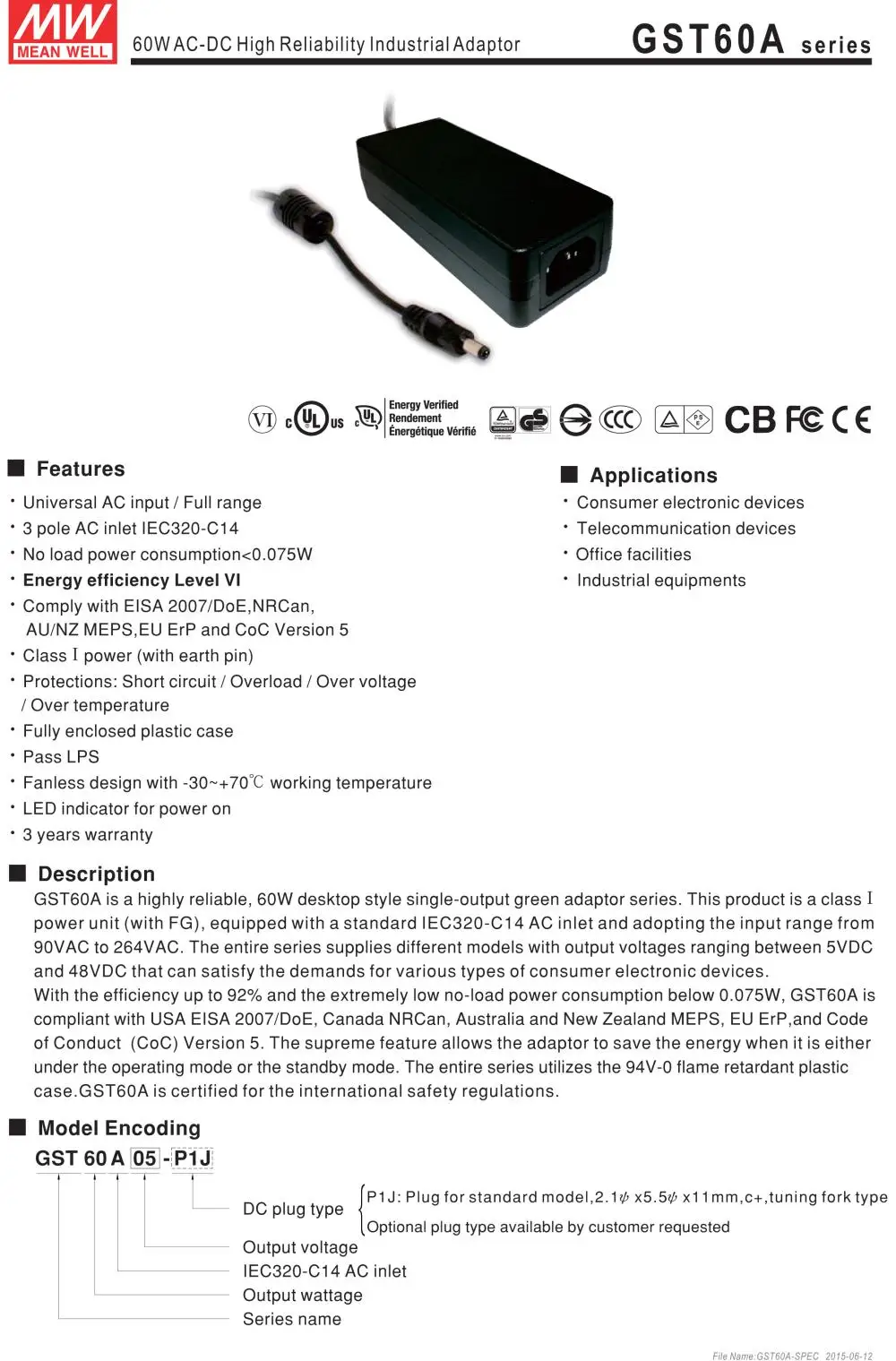 MEAN WELL GST60A48-P1J 48V 1.25A meanwell GST60A 48V 60W AC-DC высоконадежный промышленный адаптер