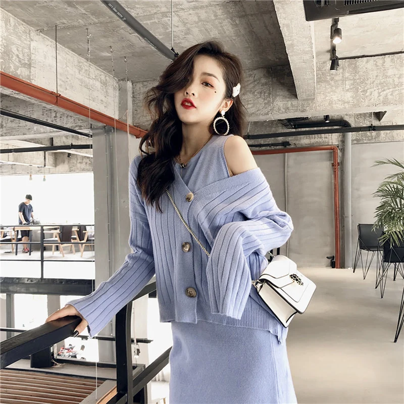 Осенне зимний Повседневный вязаный комплект из 2 предметов однобортный Кардиган