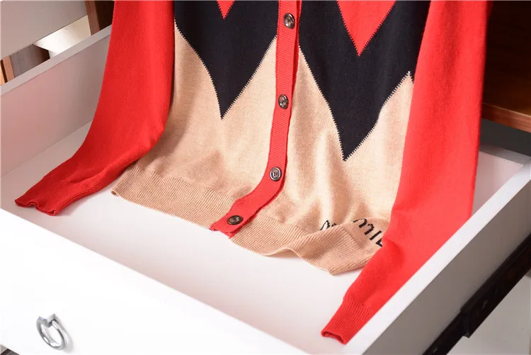 wool polyamide blend patchwork knit women England style contrast color Vneck single breasted cardigan sweater M-L |