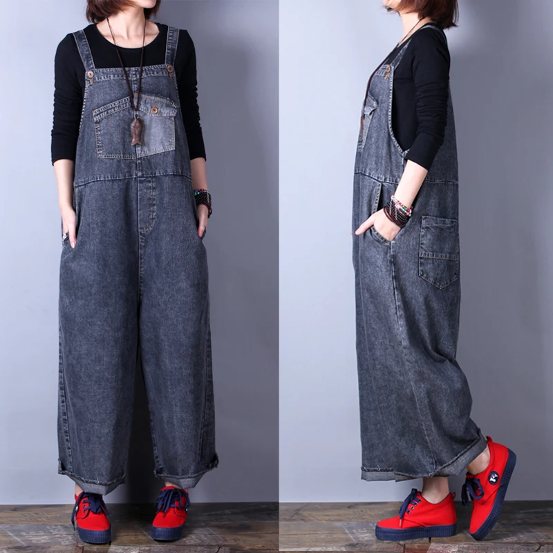 Free Shipping 2021 New Fashion Overalls Cotton Loose Jumpsuits And Rompers Long Wide Leg Denim Jeans Jumpsuit With Pockets