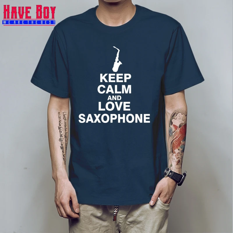 У мальчика Для мужчин футболка новые саксофон хлопок короткий рукав Keep Calm And Love